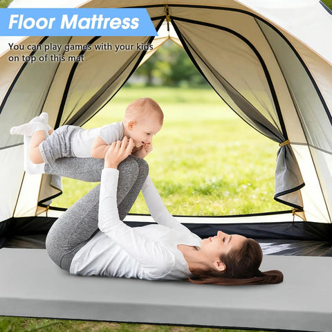 Mother and child on 3 Inch Memory Foam Camping Pad For Car Camping And Tents, Cushy Roll-Up Floor Mat in a tent