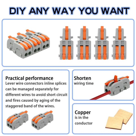 20Pcs Mini Lever Wire Connectors Set For 1 In 2 Out Splicing, nylon butt terminal block with flame retardant copper guide strip