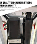 Close-up of the hydraulic system in the Heavy Duty Electric Hydraulic Lift Cart With 660 Lbs Capacity showing oil cylinder and motor.