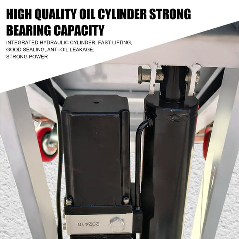 Close-up of the hydraulic system in the Heavy Duty Electric Hydraulic Lift Cart With 660 Lbs Capacity showing oil cylinder and motor.