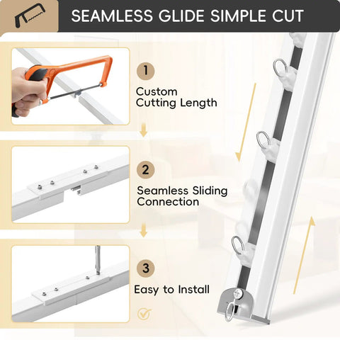 Ceiling Curtain Track With Roller Hooks And Clips White 9ft To 12ft Premium Aluminum Rail Rustproof Electrocoat Tarnish Resistant Finish No Fuss Easy Glide Curtain System For Bathrooms Patios And Living Spaces, cut and joined