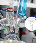 Laboratory setup with a Beefy Oblique Offset Glass Funnel with 60 Degree Angle, 75mm Borosilicate, 24/40 Joint in use, heavy-duty.