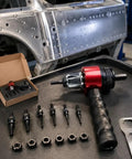 Electric Rivet Gun Adapter Kit with Quick Change Blind Riveter Inserts shown with components in auto repair setting.