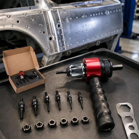 Electric Rivet Gun Adapter Kit with Quick Change Blind Riveter Inserts shown with components in auto repair setting.