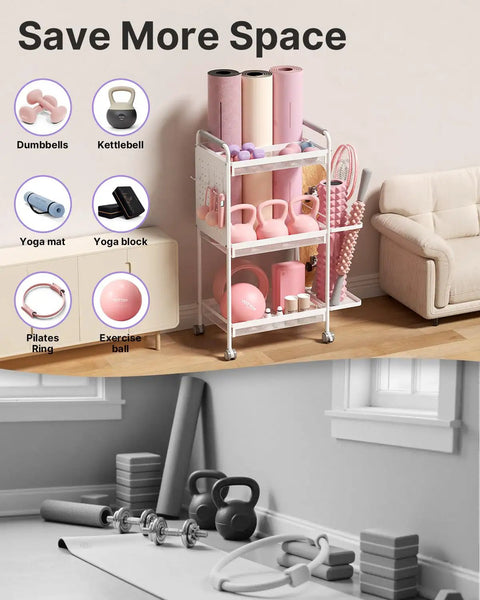 3 Tier Gym Storage Rack For Home Gym Multi Functional Weight Rack Dumbbell Rack Yoga Mat Holder With Side Basket And 6 Hooks Gym Equipment Organizer White in living room.