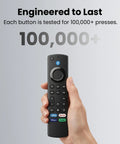 Hand holding Universal Voice Control Remote For Fire TV Smart TVs, Plug And Play Setup, highlighting durability of 100,000+ presses.