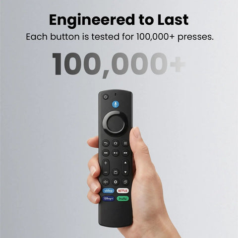 Hand holding Universal Voice Control Remote For Fire TV Smart TVs, Plug And Play Setup, highlighting durability of 100,000+ presses.