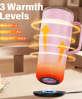 Self Heating Coffee Mug 20oz Electric Temp Control Warmer displays 3 warmth levels on a charging pad with glowing indicators.