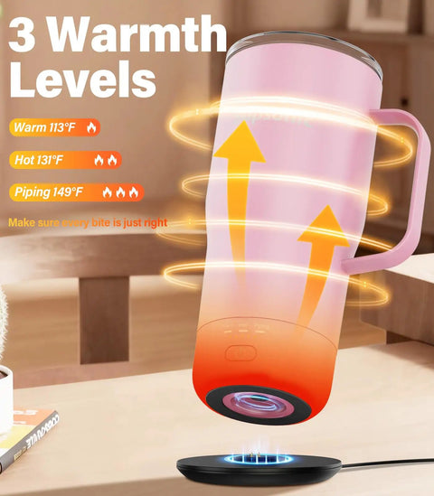Self Heating Coffee Mug 20oz Electric Temp Control Warmer displays 3 warmth levels on a charging pad with glowing indicators.