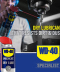 Specialist Dry Lube With Smart Straw PTFE Spray For Power Tools And Machinery Reduces Friction And Wear On Blades Bits Tracks Slides Hinges Drills Lathes Table Saws And Conveyor Belts 10 Oz Twin Pack shown being used on machinery