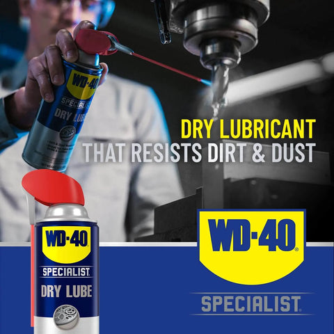 Specialist Dry Lube With Smart Straw PTFE Spray For Power Tools And Machinery Reduces Friction And Wear On Blades Bits Tracks Slides Hinges Drills Lathes Table Saws And Conveyor Belts 10 Oz Twin Pack shown being used on machinery