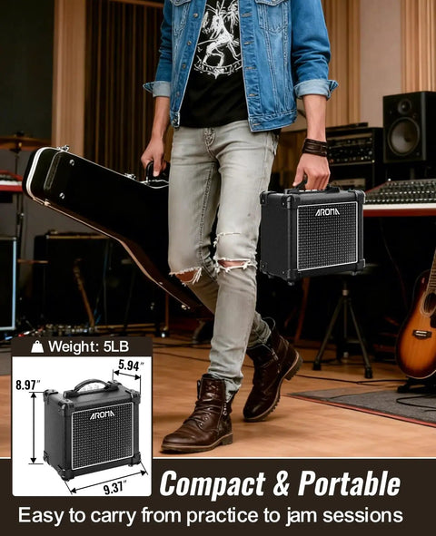 Man carrying 10W Bluetooth Guitar Amp with solid wood cabinet, shown in compact and portable design for home jam.