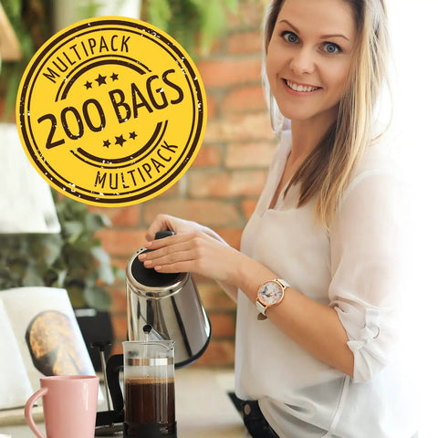 Nonwoven French Press Filter Bags 200 Pack For Loose Tea And Mason Jar Brewing in use by smiling woman pouring coffee