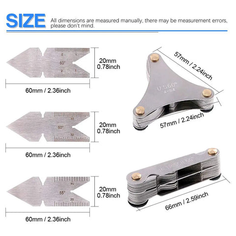 Stainless Steel Pro Grade Screw Thread Pitch Gauge Kit With 51 SAE Type And 52 Metric And Inch Gauges Plus 3 Center Gauges Including British Whitworth In A Portable Plastic Box For Quick Accurate Thread Sizing On Any Jobsite