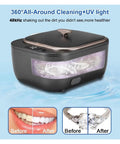 Slick White Ultrasonic Denture Washing Pod For Clear Retainers And Dainty Jewelry Fast Vibration Cycle shown in use with before and after images.