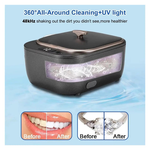Slick White Ultrasonic Denture Washing Pod For Clear Retainers And Dainty Jewelry Fast Vibration Cycle shown in use with before and after images.
