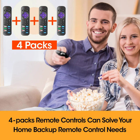 Couple on couch using 4 Pack Replacement Remote For Roku TV No Setup Required Plug And Play Backup Remote, 4-packs shown