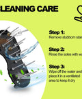 Lawn Aerator Shoes Upgrade 2.4-Inch Heavy Duty Spike Aeration Shoes with cleaning steps and water illustration