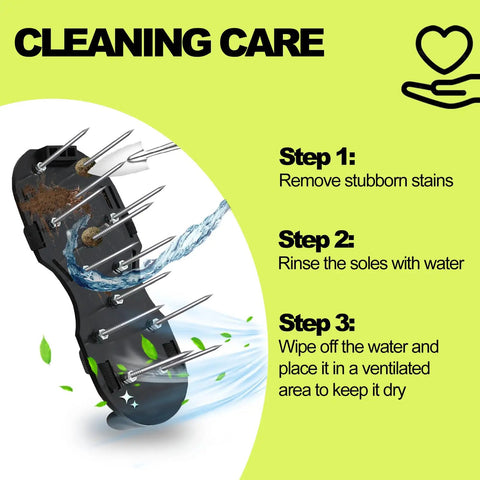 Lawn Aerator Shoes Upgrade 2.4-Inch Heavy Duty Spike Aeration Shoes with cleaning steps and water illustration