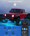 Red SUV with Underglow Car Lights Kit With RGBIC LED Strips, 16 Million Colors, app control screen showing customization options.