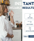 Woman using 18 In 1 Water Test Strips Kit For Home And Well Water, 125 Strips, Easy At Home Drinking Water Quality Testing For Hardness, Chlorine, Lead, Iron, Copper, Fluoride, pH, Nitrate, Nitrite, Alkalinity, Mercury, And More in kitchen