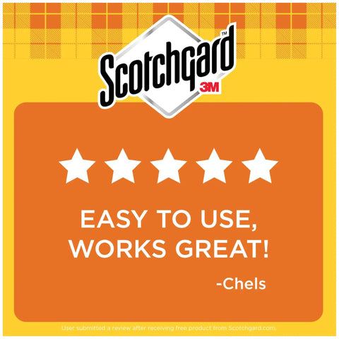 Review image with Scotchgard brand logo, highlighting 5-star rating and quote 'Easy to use, works great!' by user Chels.