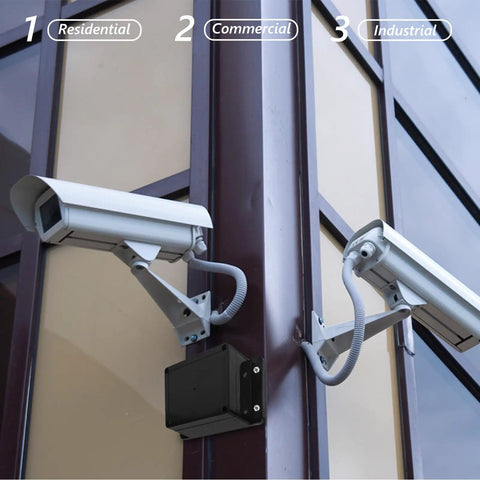 Waterproof Electrical Junction Box Enclosure 115x90x55mm with mounting ear used with surveillance cameras on building exterior.