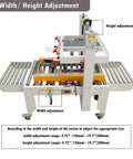 Heavy Duty Auto Carton Sealer With Dual Belt Conveyor For Swift Box Tape Seaming And Rock Solid Parcel Wrapping 110 Volt setup view with width and height adjustment features.