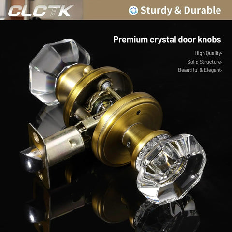 Antique Brass Glass Door Knobs With Privacy Lock, Vintage Crystal Octagon Door Knobs For Bedroom And Bathroom, Classic Interior Hardware