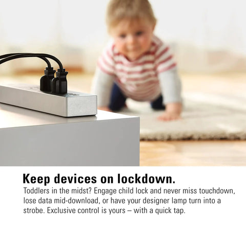 Smart Triple Outlet Power Strip With Energy Meter For Apple HomeKit on table with child in background