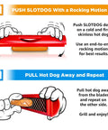 Illustration showing steps to use Crosshatch Hot Dog Slicer Tool with Stainless Steel Blades 10 Inch Red Cutter.