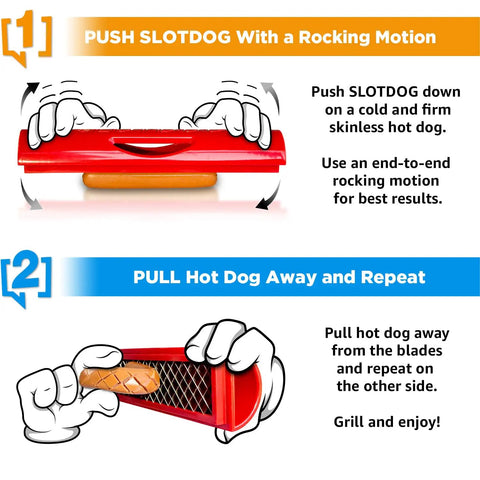 Illustration showing steps to use Crosshatch Hot Dog Slicer Tool with Stainless Steel Blades 10 Inch Red Cutter.