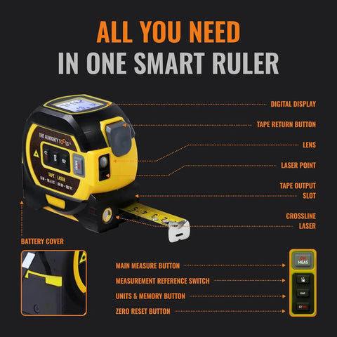 Laser Distance Measurer With Dual Tape Measure For Quick Jobs, Heavy Duty Tool With Cross Marking, Smart Range Finder, Easy Read Display, Ft And Metric Measurements, 131 Ft Range, black and yellow