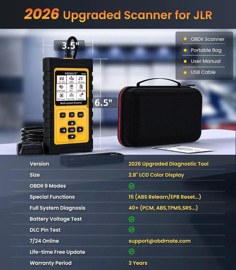Jaguar Land Rover OBD2 Scanner OM501 Full System Diagnostic Tool with carrying case, USB cable, and user manual