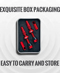 Front view of a pair of red anodized alloy Presta valve stems kit in a metal tin with foam insert