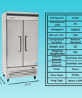 Pro Shop Grade 40 Inch Reach In Freezer Featuring Double Solid Doors And Adjustable Steel Shelves And 35 Cubic Feet commercial freezer with stainless steel finish.