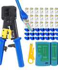 RJ45 Crimp Tool Kit For Cat6 Cat5e Cat5 Ethernet With Pass Through Connectors, Wire Stripper, Replacement Blade, Covers, And Network Cable Tester Including 50 RJ45 Pass Through Connectors