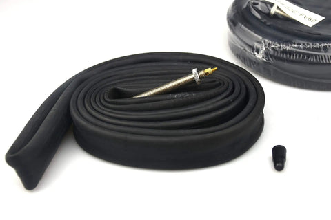 Rolled Road Bike Inner Tubes 700X28-32C With 60mm Presta Valve, Premium Butyl Rubber, 2 Pack, focus on valve and tube detail.