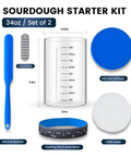 Sourdough Starter Kit 2 Pack 34Oz Organic Glass Jars Wide Mouth With Lids For Home Bakers Includes Thermometer Spatula Cloth Covers And Dual Purpose Silicone Lids No Fuss Beginner Friendly Fermentation showing kit components labeled.