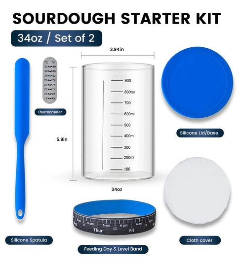 Sourdough Starter Kit 2 Pack 34Oz Organic Glass Jars Wide Mouth With Lids For Home Bakers Includes Thermometer Spatula Cloth Covers And Dual Purpose Silicone Lids No Fuss Beginner Friendly Fermentation showing kit components labeled.