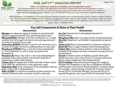Analysis report page of Ready To Use Soil Test Kit For Your Yard And Gardens With Full PH And 14 Nutrient Analysis And Tailored Fertilizer Recommendations On A Clear Report And Summary.