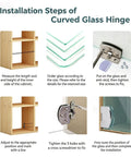 Installation steps for heavy duty no drill glass door hinges with images of cabinet, glass, and hinge assembly
