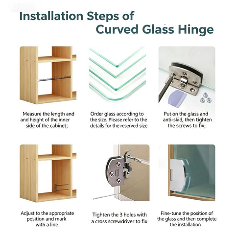 Installation steps for heavy duty no drill glass door hinges with images of cabinet, glass, and hinge assembly