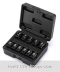Open black case holding Eleven Piece Three Eighths Inch Drive Pipe Plug Socket Set SAE CRMO Heavy Duty With Tapered Male Square Drive