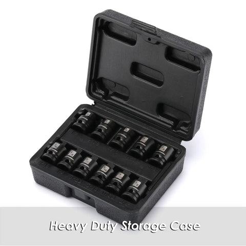 Open black case holding Eleven Piece Three Eighths Inch Drive Pipe Plug Socket Set SAE CRMO Heavy Duty With Tapered Male Square Drive
