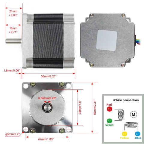 Nema 23 Stepper Motor 23HS6403 165 Oz In 1.8 Degree 2.5A 2 Phase dimensions and wire connections diagram