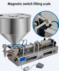 Bulletproof Pneumatic Bottle Filler Machine Slick Stainless Steel Liquid Paste Dispenser With Foot Switch Control No Sweat Quantitative Filling System For Oils Lotions And Creams Up To Two Thousand Six Hundred Milliliters showing magnetic switch filling scale.