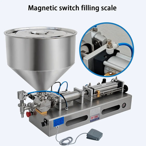 Bulletproof Pneumatic Bottle Filler Machine Slick Stainless Steel Liquid Paste Dispenser With Foot Switch Control No Sweat Quantitative Filling System For Oils Lotions And Creams Up To Two Thousand Six Hundred Milliliters showing magnetic switch filling scale.