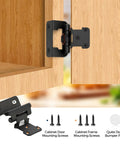 Heavy Duty Self Closing Cabinet Hinges With Smooth As Butter Soft Close For Half Inch Overlay Doors 4 Pack Easy Install Matte Black Finish installed on wooden cabinet, showing hinge and mounting screws.