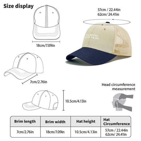 No Crying On The Yacht Women Trucker Hat Vintage Vibe Cap with size and measurement details